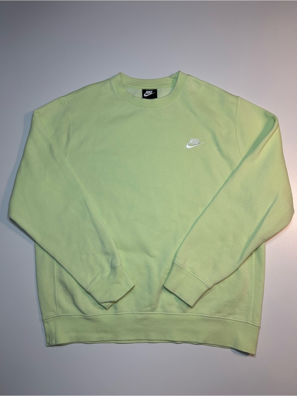 Nike Sportswear Club Fleece Crewneck Lime Green Embroidered Swoosh Sweatshirt